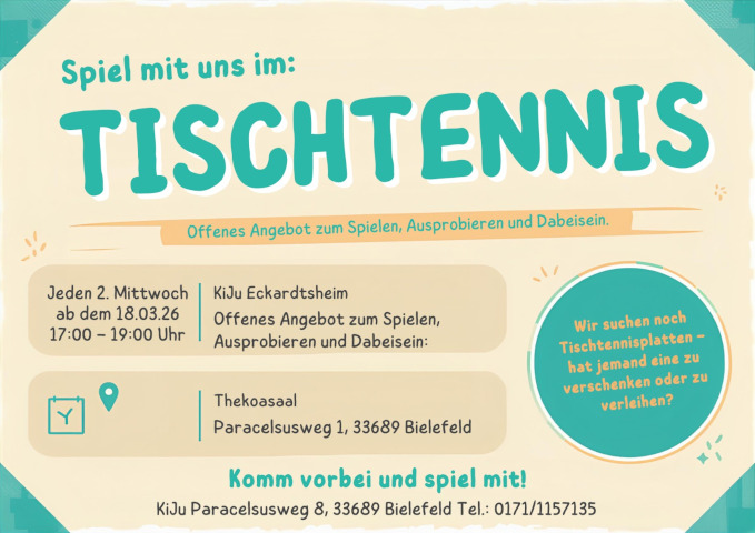 Einladung zum Tischtennisangebot der KiJu Eckardtsheim