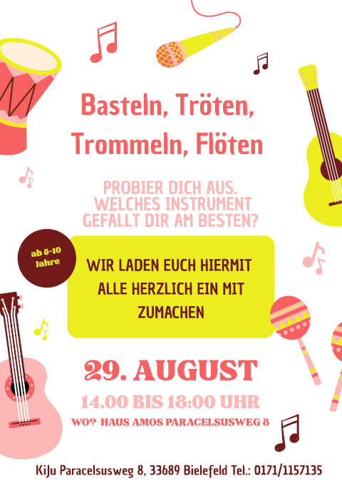Einladungsplakat zur Kinderaktion basteln, tr�ten, trommeln, fl�ten